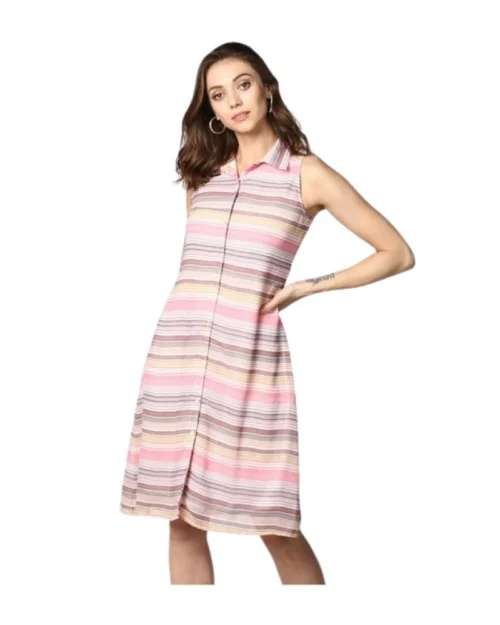 Generic Women's Polyester Striped Sleeveless Dress (Pink)