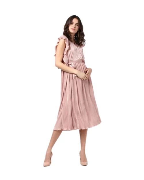 Generic Women's Polyester Pleated Flutter Dress (Champagne Gold)