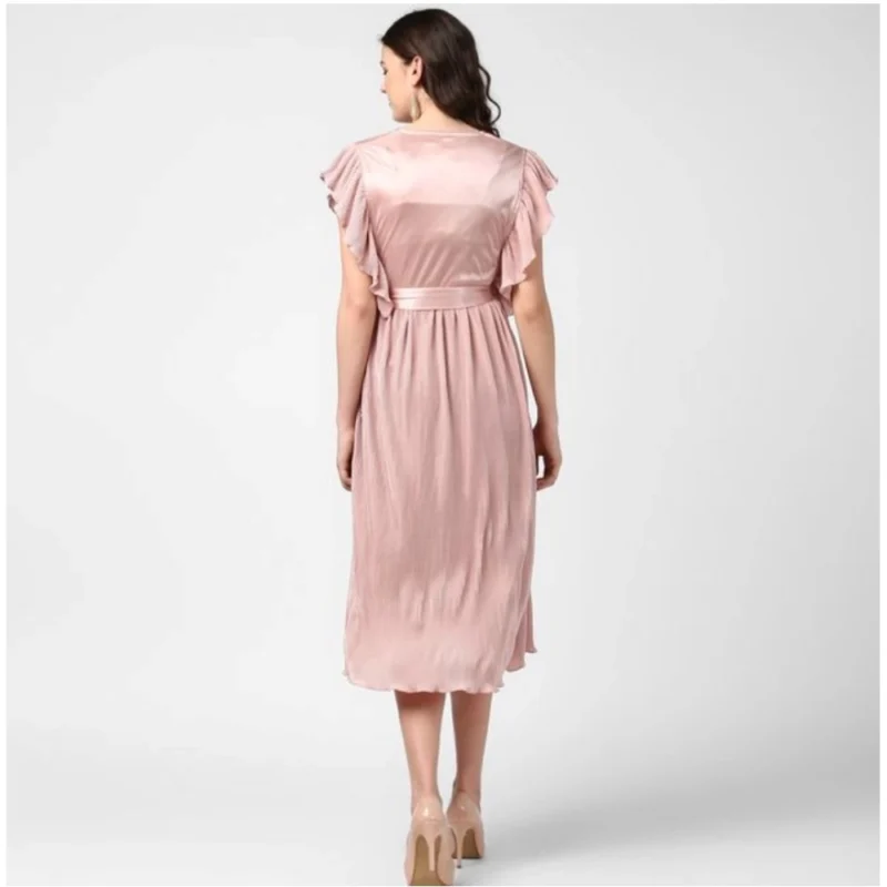 Generic Women's Polyester Pleated Flutter Dress (Champagne Gold)