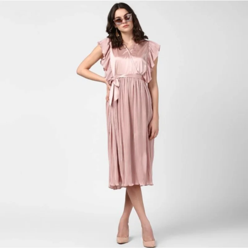 Generic Women's Polyester Pleated Flutter Dress (Champagne Gold)