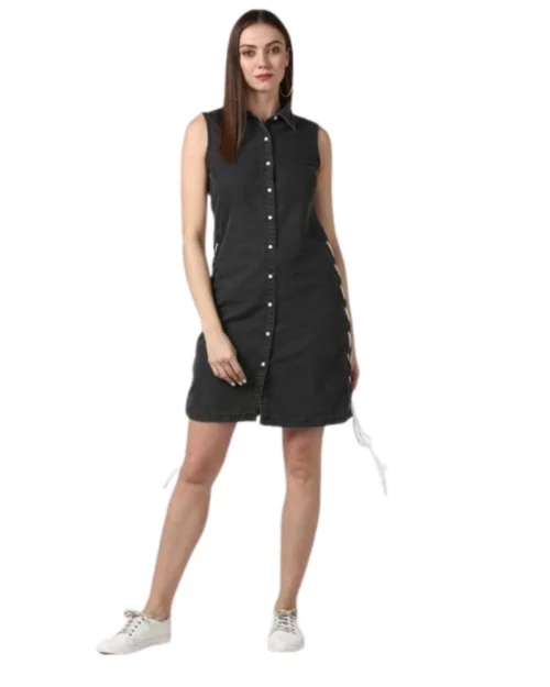 Generic Women's Denim Solid Sleeveless Dress (Black)