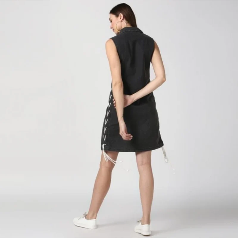 Generic Women's Denim Solid Sleeveless Dress (Black)
