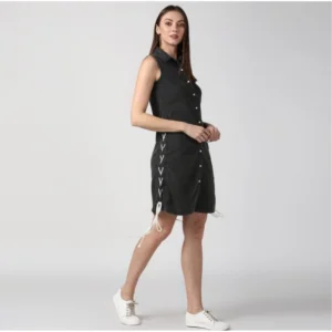 Generic Women's Denim Solid Sleeveless Dress (Black)