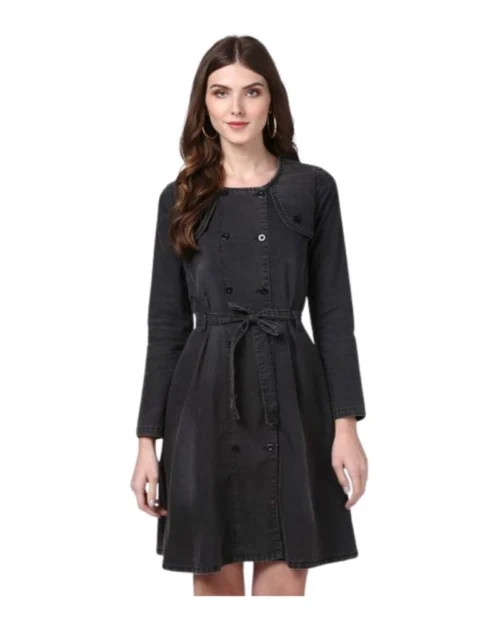 Generic Women's Denim Washed Long Sleeves Dress (Black)