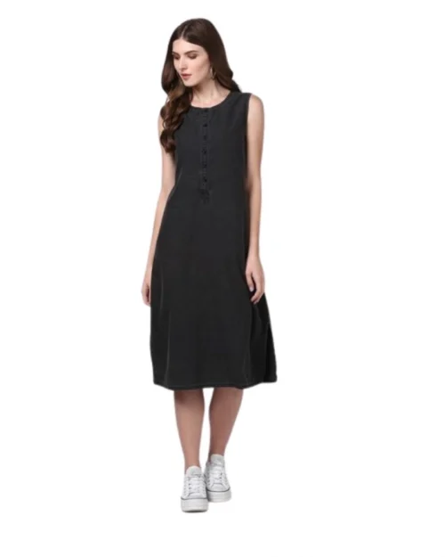 Generic Women's Denim Solid Sleeveless Dress (Black)