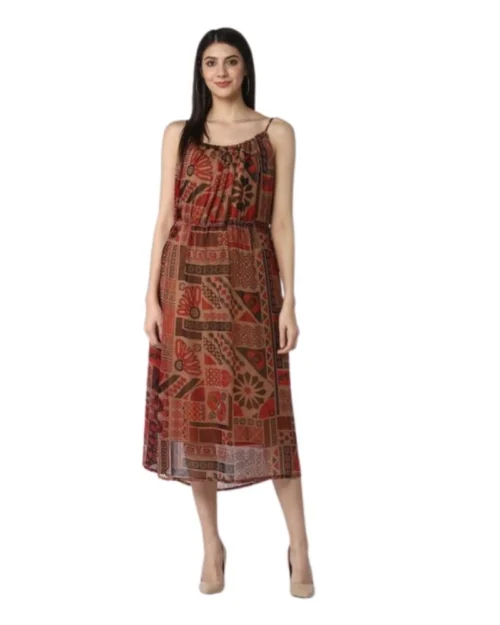 Generic Women's Polyester Printed Shoulder Straps Dress (Maroon - Brown)
