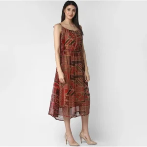 Generic Women's Polyester Printed Shoulder Straps Dress (Maroon - Brown)