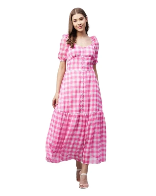 Generic Women's Polyester Georgette Checkered Half Sleeve Dress (Pink)