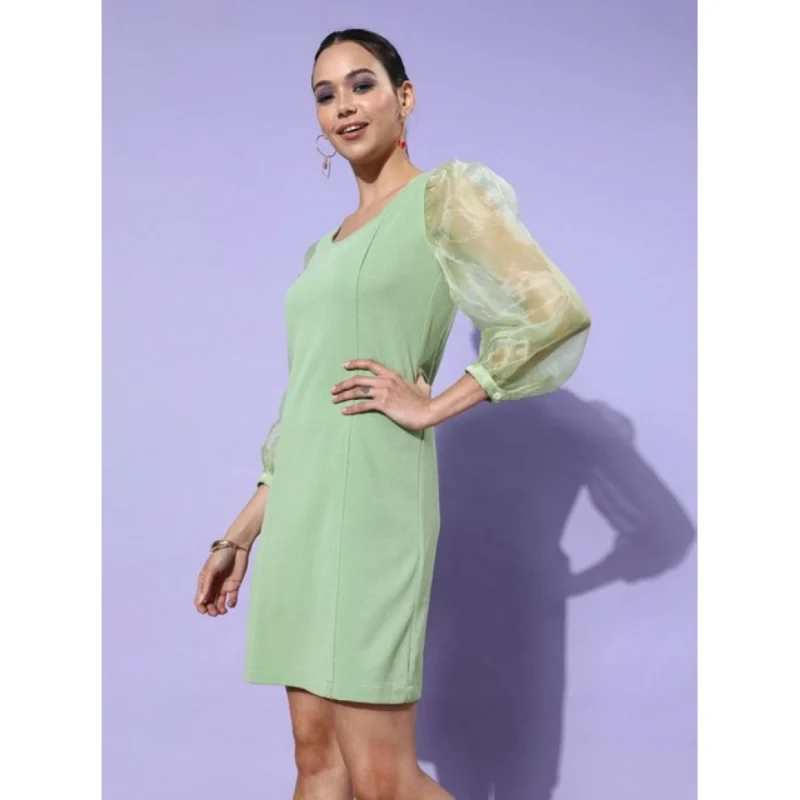 Generic Women's Organza And Polyester Lycra Solid Long Sleeves Dress (Green)