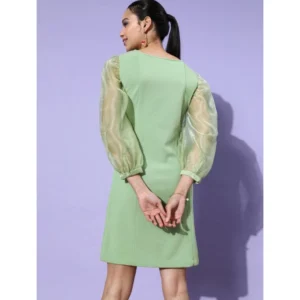 Generic Women's Organza And Polyester Lycra Solid Long Sleeves Dress (Green)