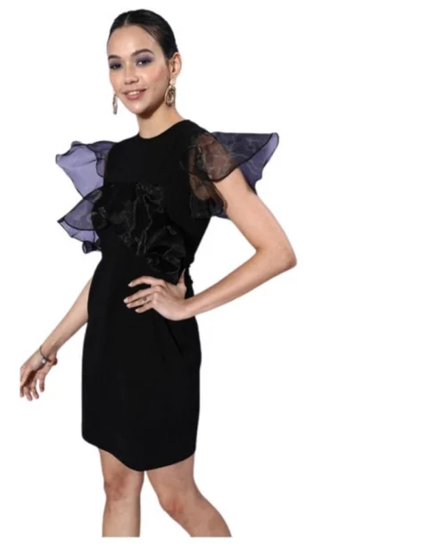 Generic Women's Organza And Polyester Lycra Ruffled Sleeveless Dress (Black)