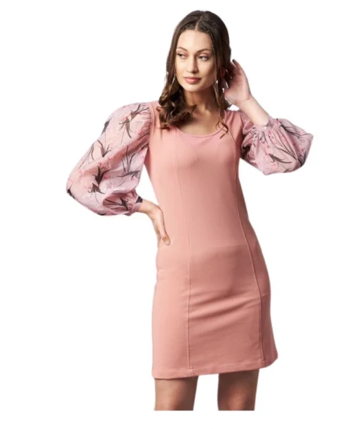 Generic Women's Polyester Lycra And Organza Floral Balloon Sleeve Dress (Pink)