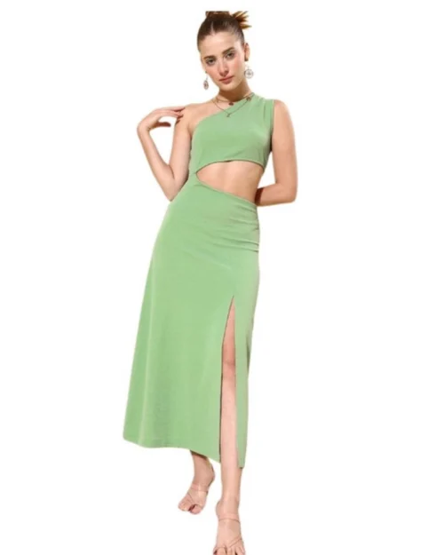 Generic Women's Polyester Lycra Solid Sleeveless Dress (Green)