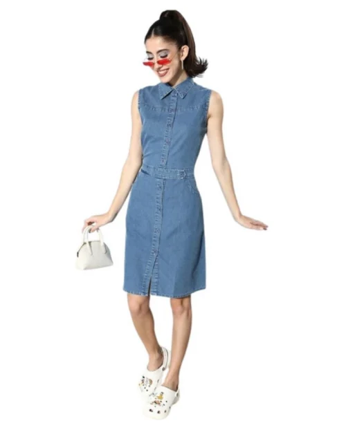 Generic Women's Denim Solid Sleeveless Dress (Blue)