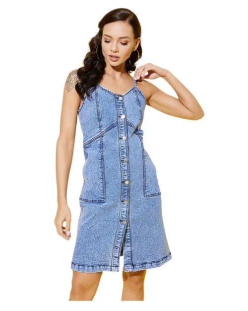 Generic Women's Denim Solid Sleeveless Dress (Blue)