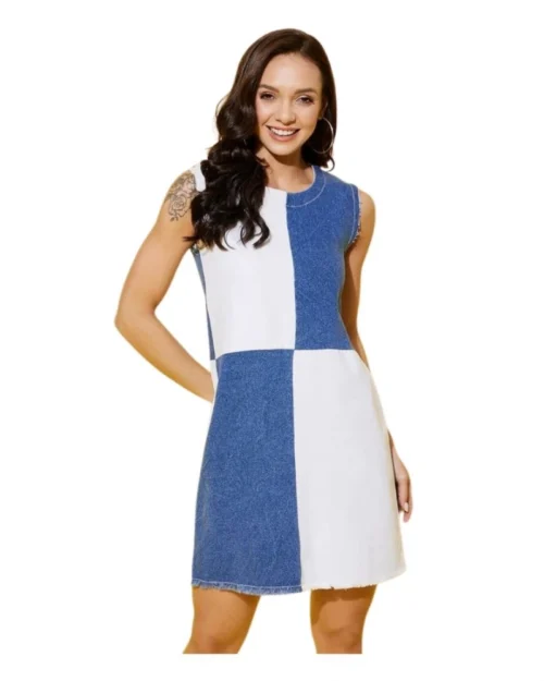 Generic Women's Denim Color Blocking Sleeveless Dress (Blue)