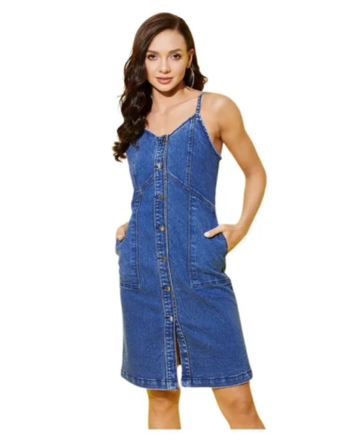 Generic Women's Denim Washed Shoulder Straps Dress (Blue)