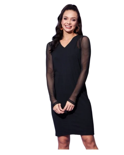 Generic Women's Polyester And Net Solid Long Sleeves Dress (Black)