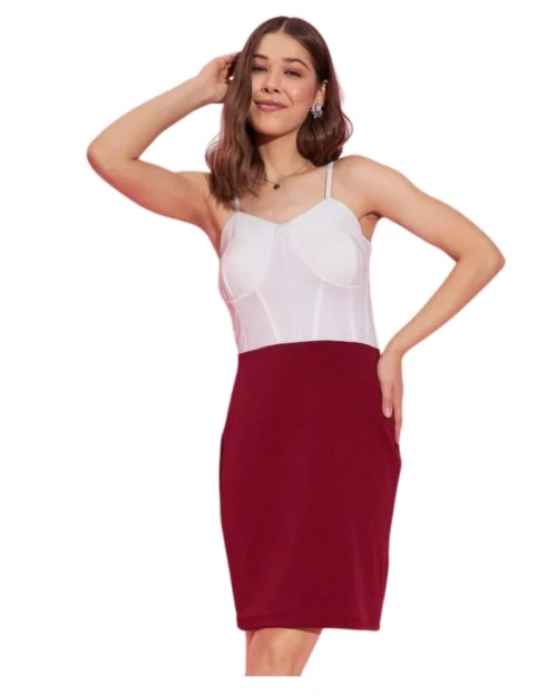 Generic Women's Polyester Lycra Color Blocking Shoulder Straps Dress (White - Maroon)