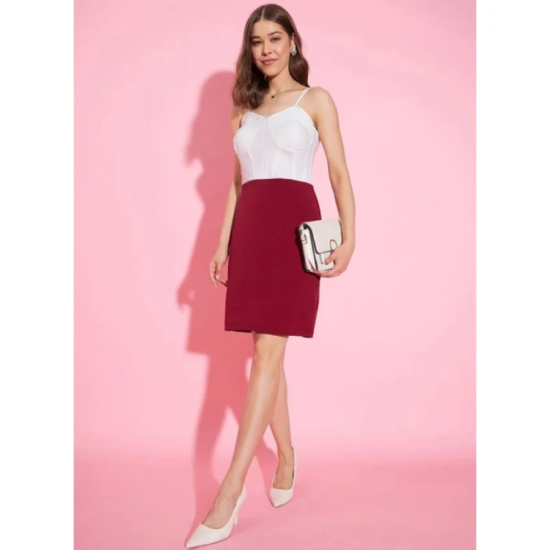 Generic Women's Polyester Lycra Color Blocking Shoulder Straps Dress (White - Maroon)