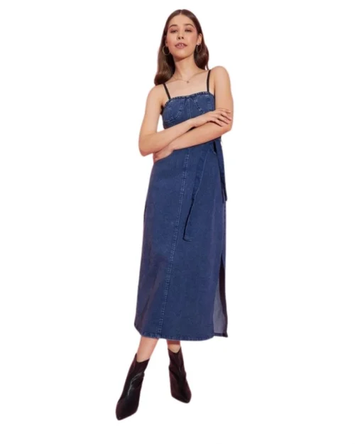 Generic Women's Denim Solid Shoulder Straps Dress (Blue)