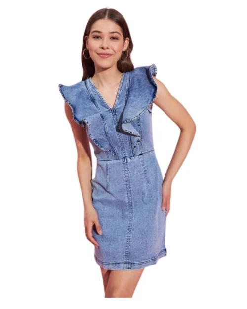 Generic Women's Denim Solid Flutter Sleeve Dress (Blue)