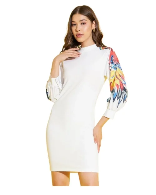 Generic Women's Polyester Lycra Printed Long Sleeve Dress (Multicolor)