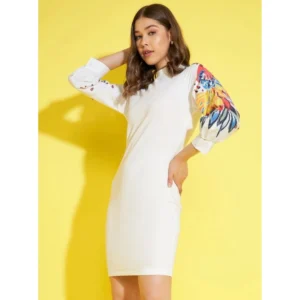 Generic Women's Polyester Lycra Printed Long Sleeve Dress (Multicolor)
