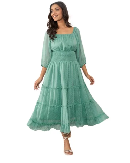 Generic Women's Chiffon Solid Puff Sleeve Dress (Green)