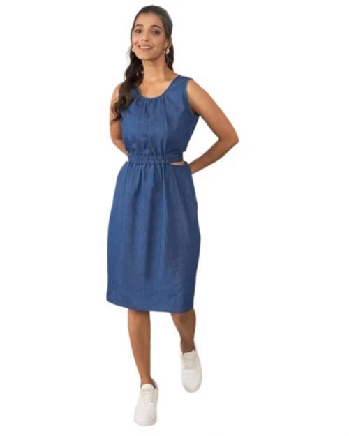 Generic Women's Denim Solid Sleeveless Dress (Blue)