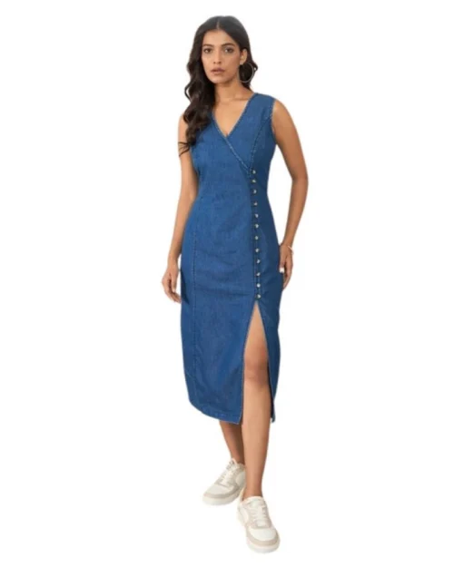 Generic Women's Denim Solid Sleeveless Dress (Blue)