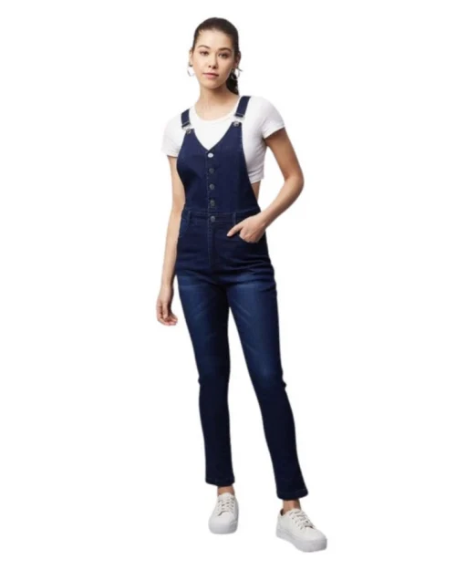 Generic Women's Denim Lycra Solid Buttoned Dungaree (Navy)