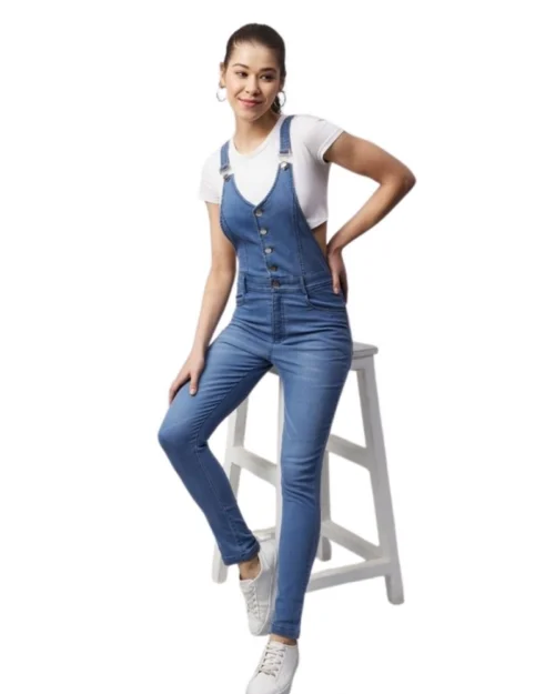 Generic Women's Denim Lycra Solid Buttoned Dungaree (Ice Blue)