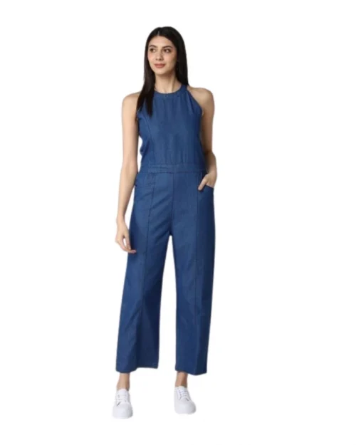 Generic Women's Denim Solid Sleeveless Jumpsuit (Blue)