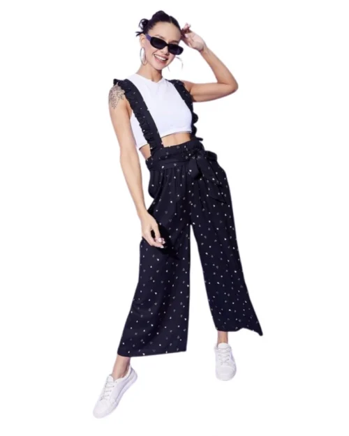 Generic Women's Rayon Pinafore Shoulder Straps Jumpsuit (Black)