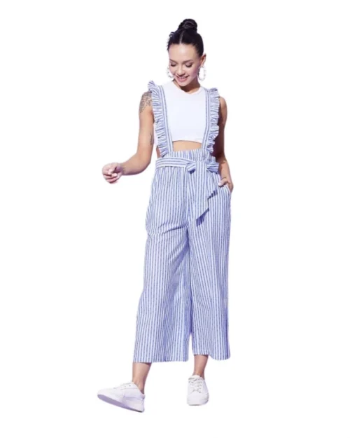 Generic Women's Cotton Pinafore Shoulder Straps Jumpsuit (Light Blue)