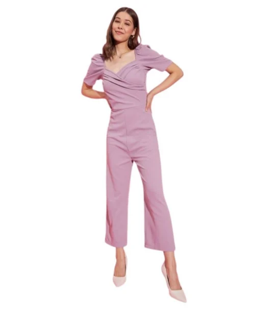 Generic Women's Polyester Lycra Solid Puff Sleeve Jumpsuit (Lavender)