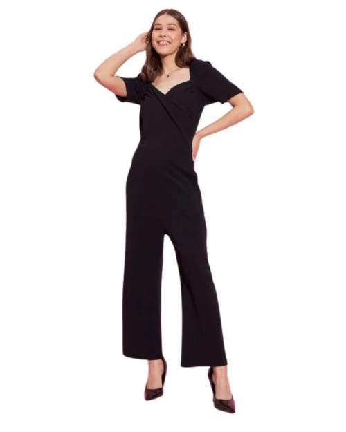 Generic Women's Polyester Lycra Solid Puff Sleeve Jumpsuit (Black)