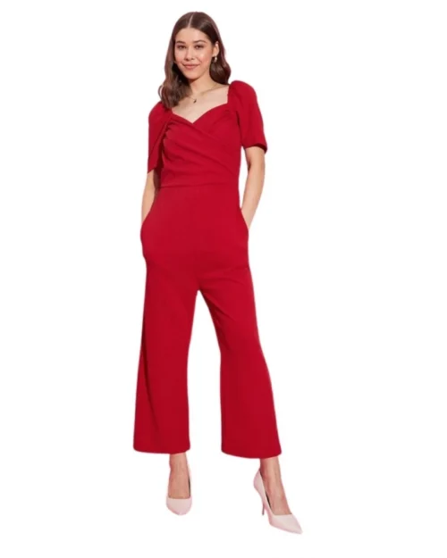 Generic Women's Polyester Lycra Solid Puff Sleeve Jumpsuit (Red)