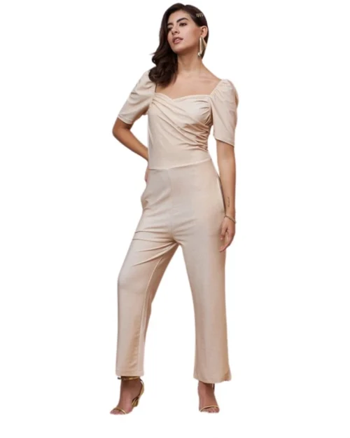 Generic Women's Polyester Shimmer Self Design Short Sleeve Jumpsuit (Gold)