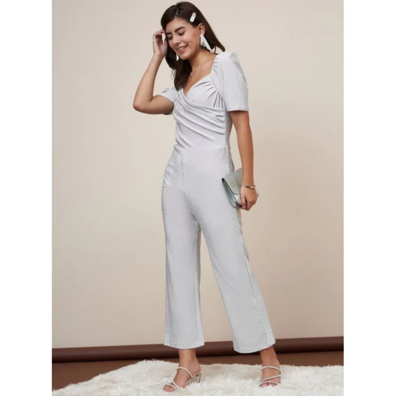 Generic Women's Polyester Shimmer Self Design Short Sleeve Jumpsuit (Silver)