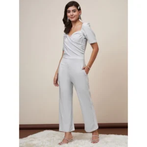 Generic Women's Polyester Shimmer Self Design Short Sleeve Jumpsuit (Silver)
