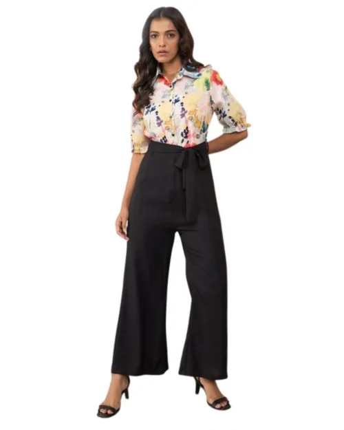 Generic Women's Polyester Floral Half Sleeves Jumpsuit (Multicolor)