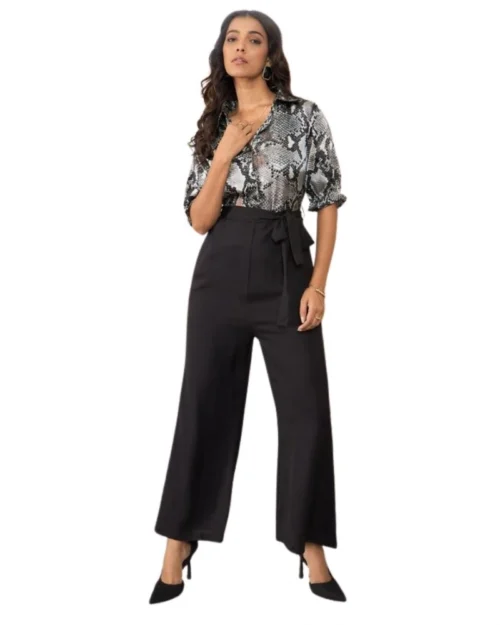 Generic Women's Satin And Polyester Floral Half Sleeves Jumpsuit (Grey - Black)