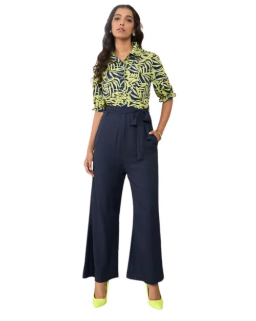 Generic Women's Polyester Floral Half Sleeves Jumpsuit (Navy - Yellow)