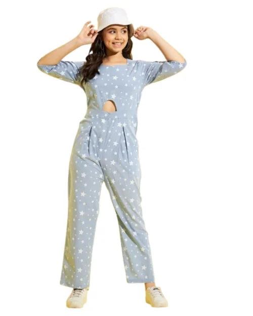 Generic Girl's Cotton Printed 3-4th Sleeve Jumpsuit (Blue - White)