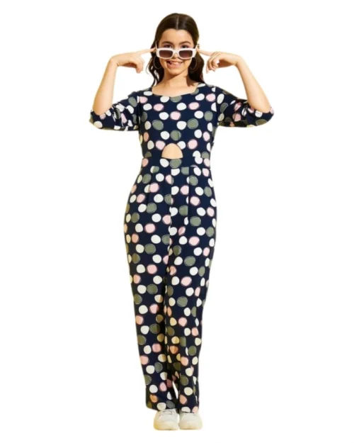 Generic Girl's Cotton Polka 3-4th Sleeve Jumpsuit (Multicolor)