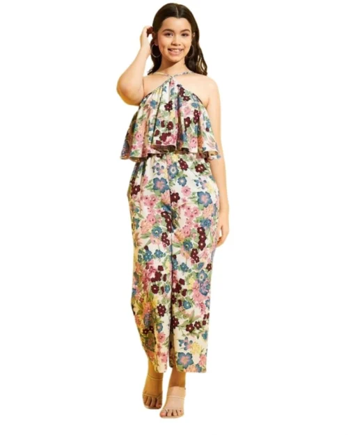 Generic Girl's Polyester Crepe Floral Sleeveless Jumpsuit (Multicolor)
