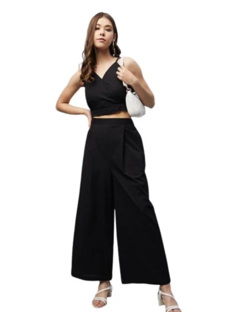 Generic Women's Cotton Linen Solid Sleeveless Crop Top and Palazzo Set (Black)
