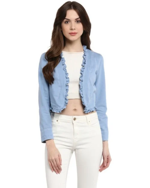 Generic Women's Denim Ruffled Long Sleeves Shrug (Blue)